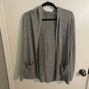 gray hooded cardigan with pockets
